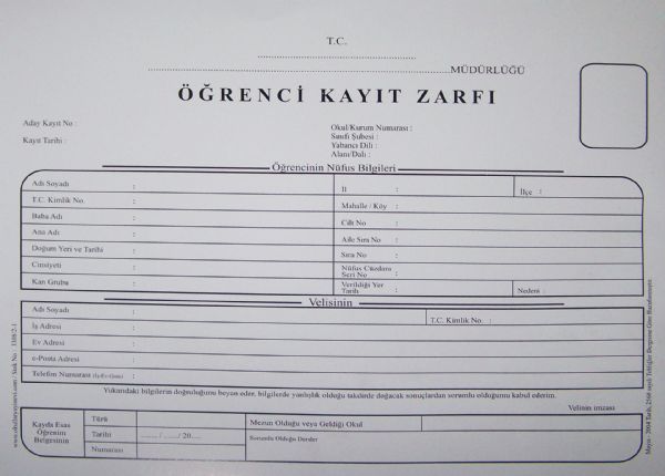 Lise Öğrenci Kayıt Zarfı (350 gr.Beyaz Krome Karton) (Baskılı)