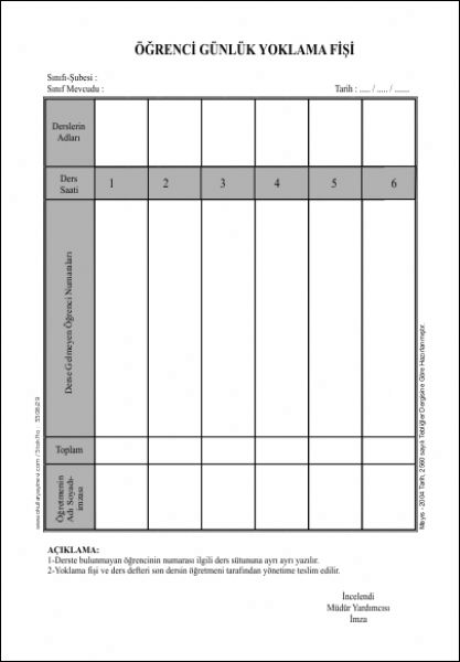 6 Derslik Günlük Yoklama Fişi(100 lük blok)