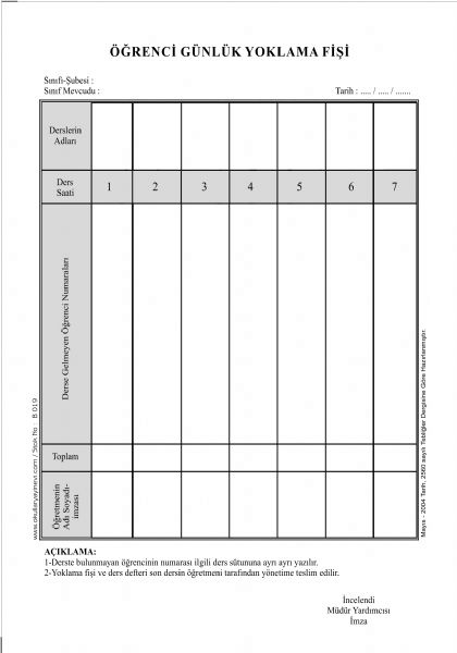 7 Derslik Günlük Yoklama Fişi (10 cilt 100 lük blok)