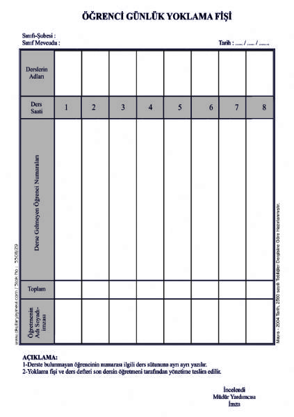 8 Derslik Günlük Yoklama Fişi (10 cilt 100 lük blok)