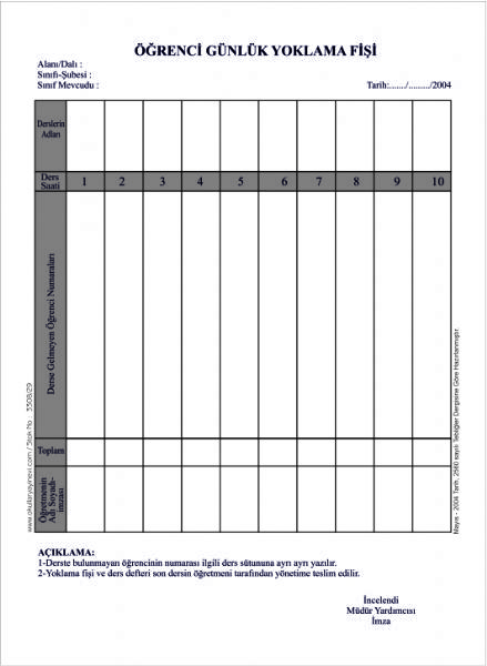 10 Derslik Günlük  Yoklama Fişi (10 cilt 100 lük blok)