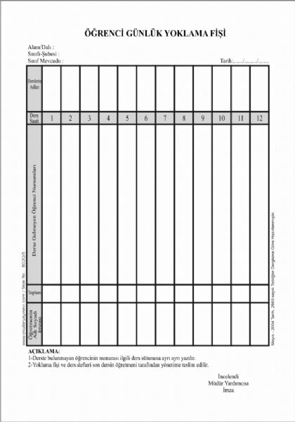 12 Derslik Günlük Yoklama Fişi (10 cilt 100 lük blok)