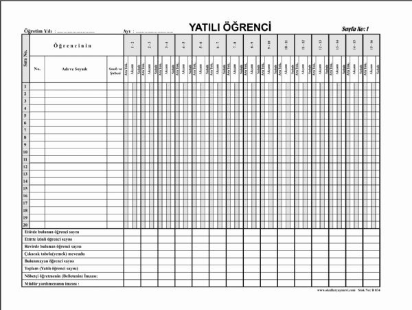 Yatılı Öğrenci Yoklama Defteri  (Ciltli)( 200 Sayfa )