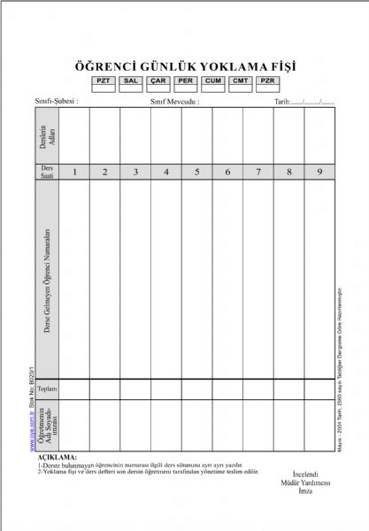9 Derslik Günlük Yoklama Fişi (10 cilt 100 lük blok)